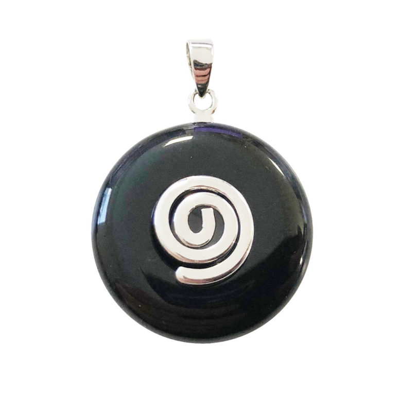 pendentif pi chinois donut agate noire argenté 20mm