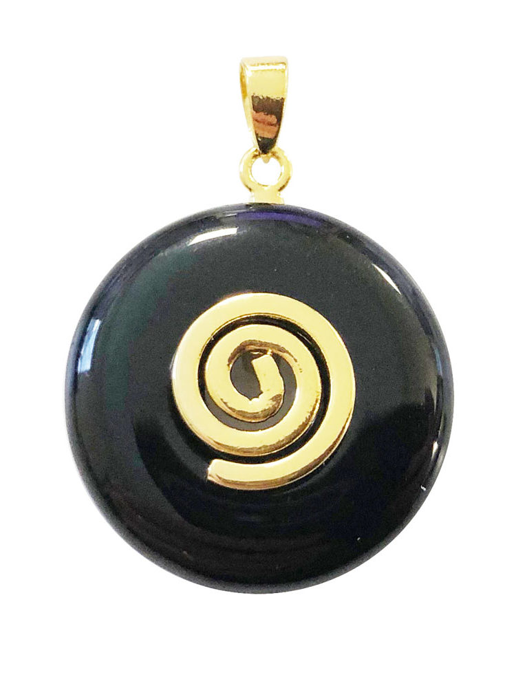 pendentif pi chinois donut agate noire doré 20mm