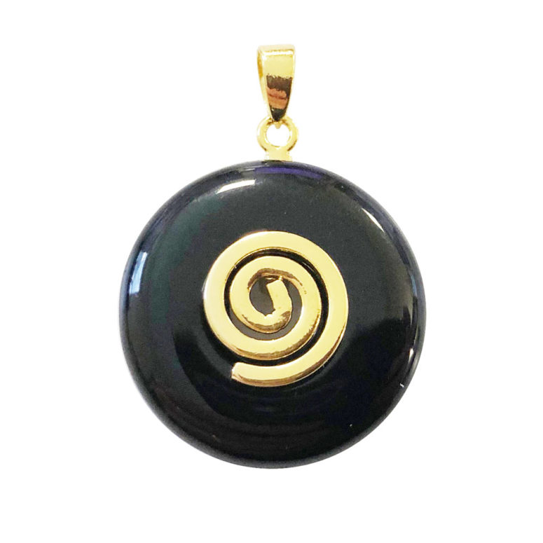 pendentif pi chinois donut agate noire doré 20mm