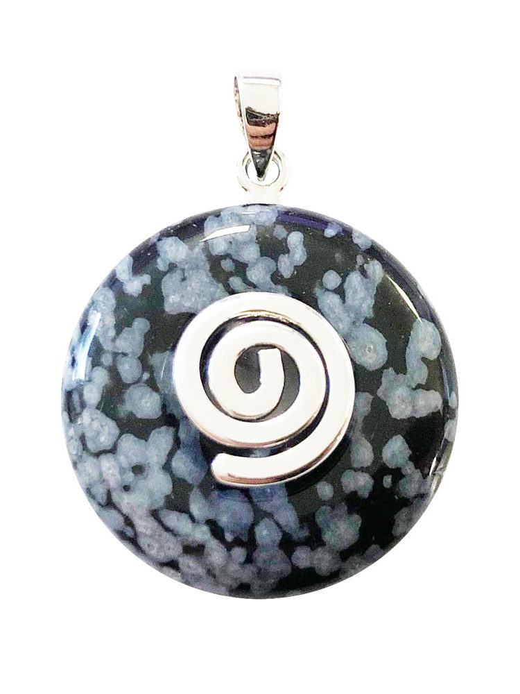 pendentif pi chinois donut obsidienne neige argenté 20mm