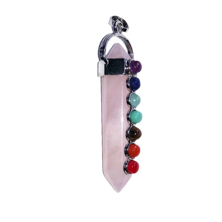 pendentif quartz rose 7 chakras pointe longue